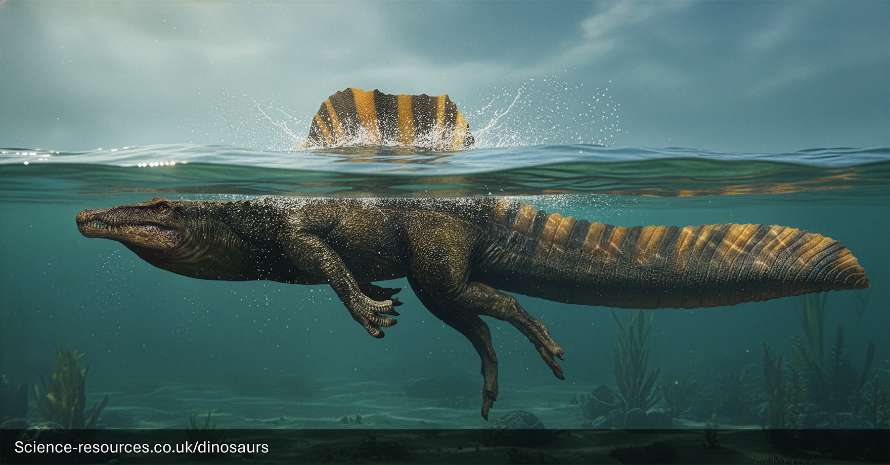 This image features a realistic, split-level view of a Jurassic World: Rebirth Spinosaurus swimming.

The creature's long, crocodile-like body is fully submerged in murky, teal-colored water, showing its powerful limbs and thick tail. Its iconic dorsal sail, which features vertical yellow and dark brown stripes, protrudes above the surface, creating a white splash. The underwater environment reveals a sandy seabed with scattered rocks, aquatic plants, and small fish swimming in the distance under a moody, overcast sky.